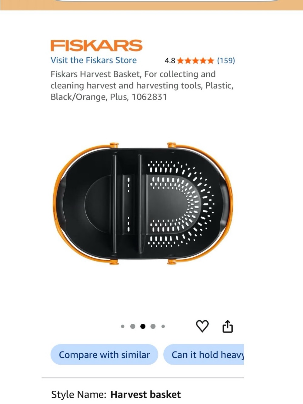 Fiskars Black/Orange Harvest Basket with Dual Handles - Picture 6 of 14